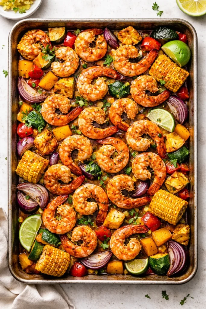 Sheet pan shrimp with vegetables roasted with chipotle-lime seasoning