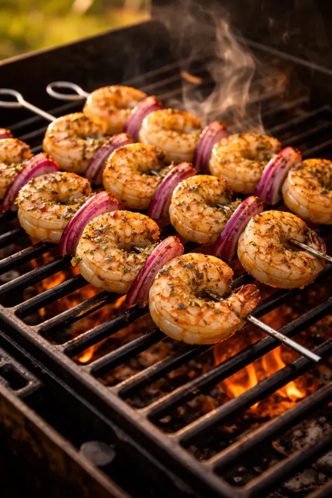 Close-up of grilled oregano shrimp skewers with red onion on a grill