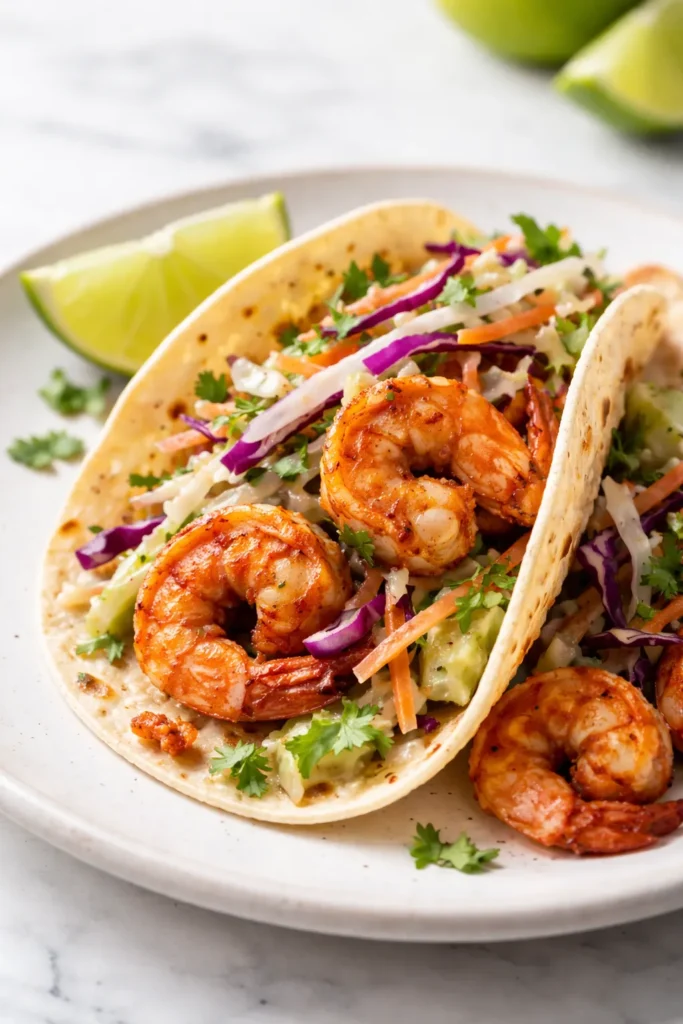 Single shrimp taco with cabbage slaw on plate