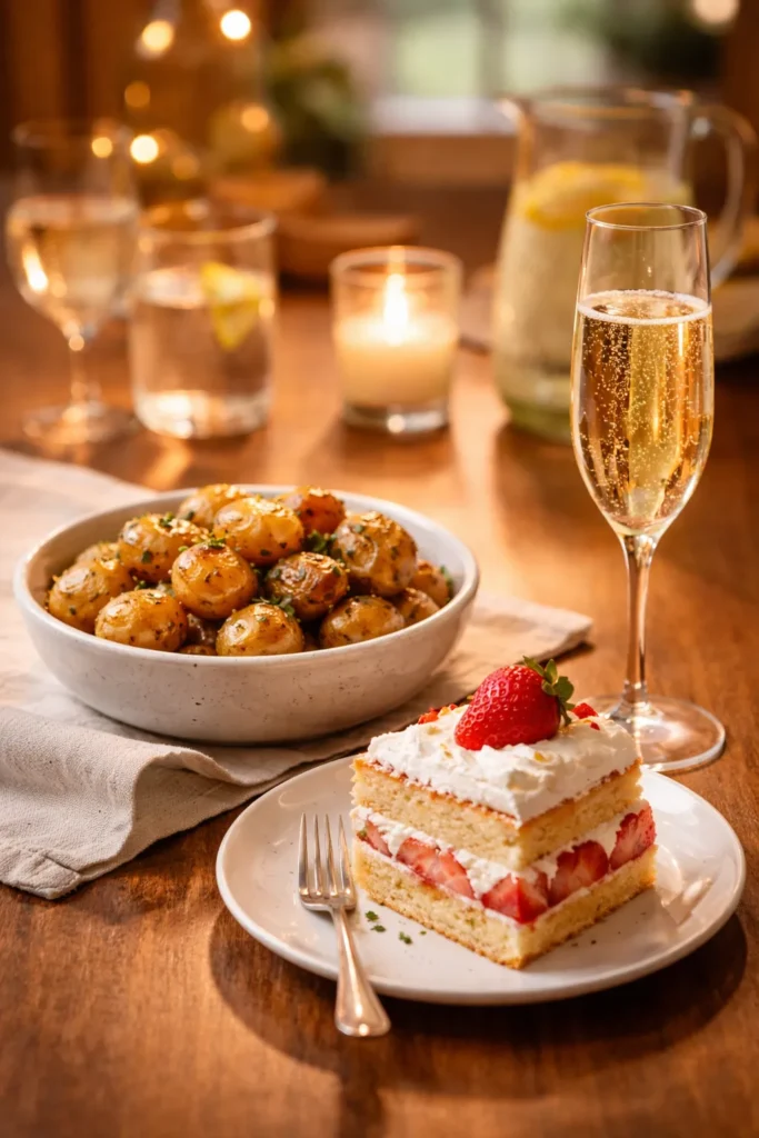 Still life with potatoes, dessert, and sparkling wine for birthday table