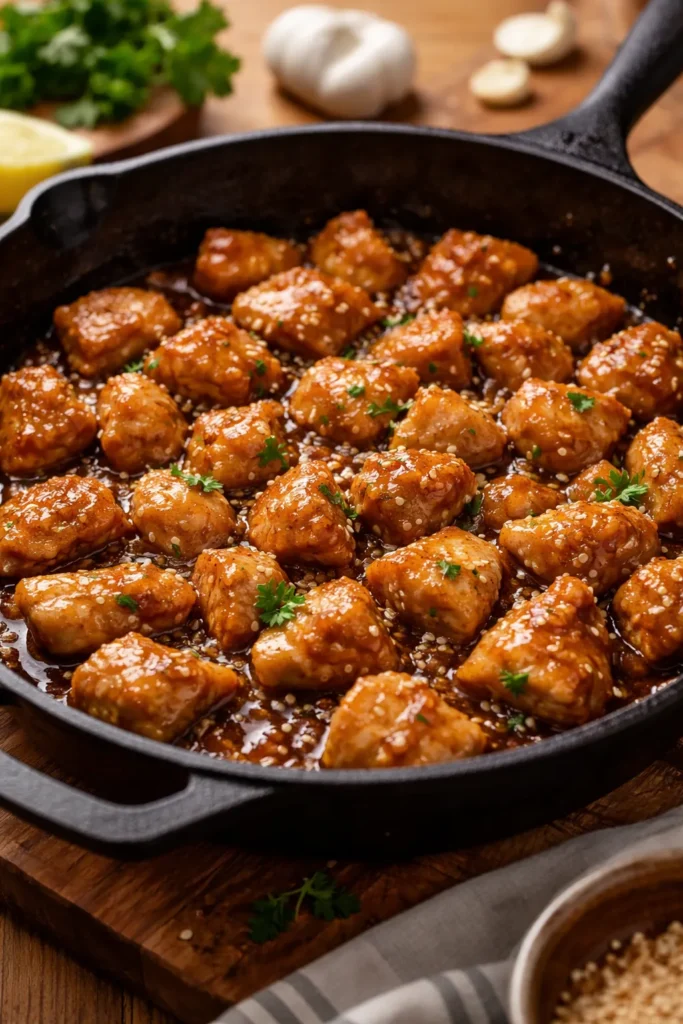Close-up of bite-sized chicken with golden crust and glossy honey garlic glaze in a cast-iron skillet