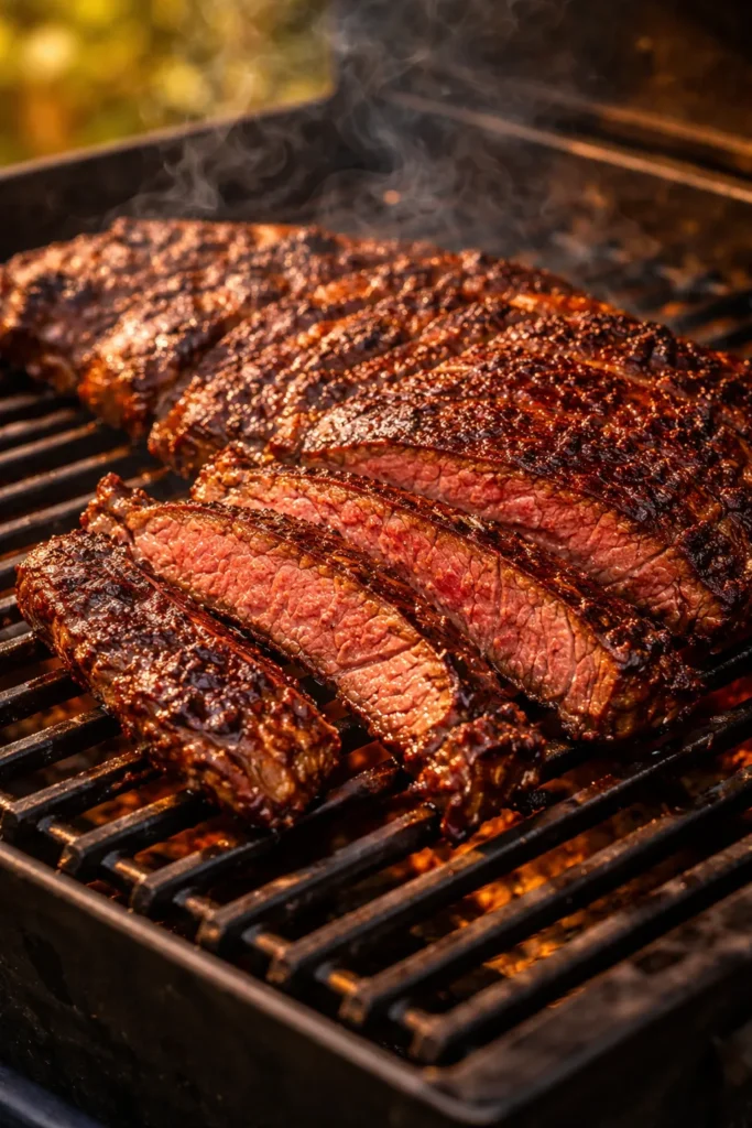 Skirt steak with caramelized crust from beer marinade on grill