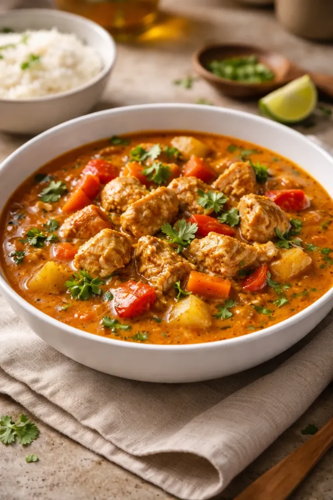Creamy slow cooker chicken curry in a white bowl with coconut milk and vegetables