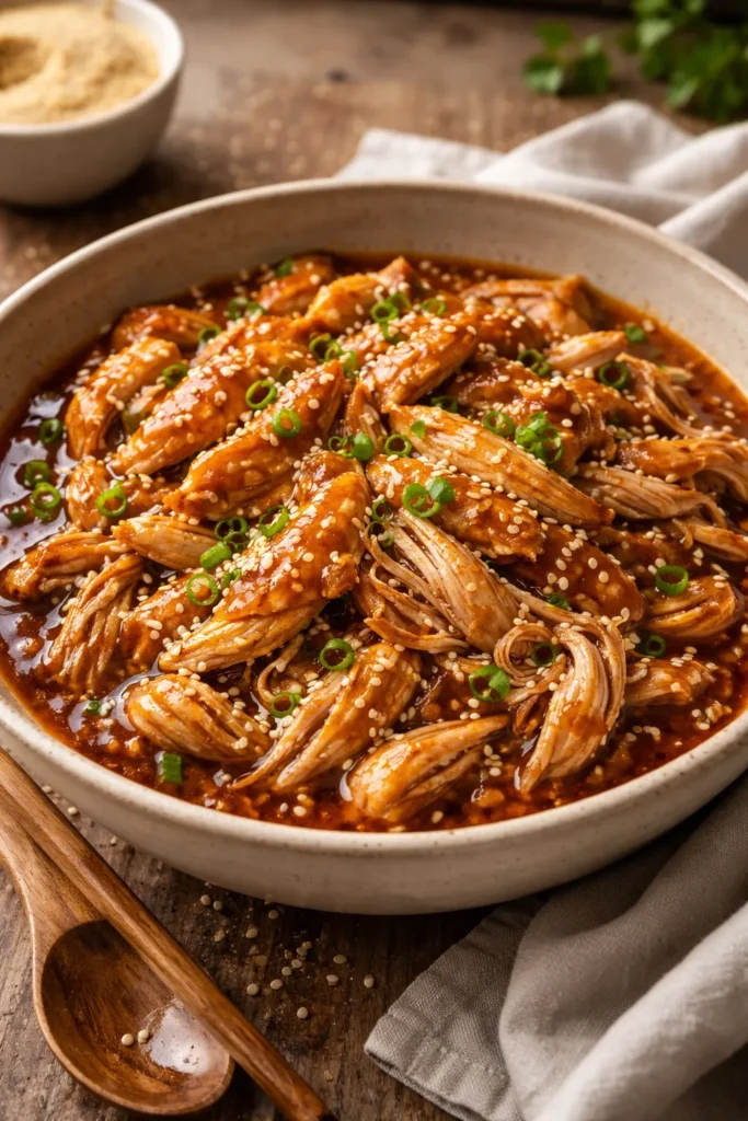Shredded chicken in honey garlic sauce served in a bowl