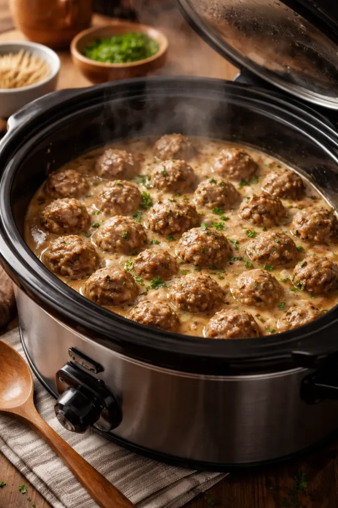 Slow cooker with meatballs in creamy gravy