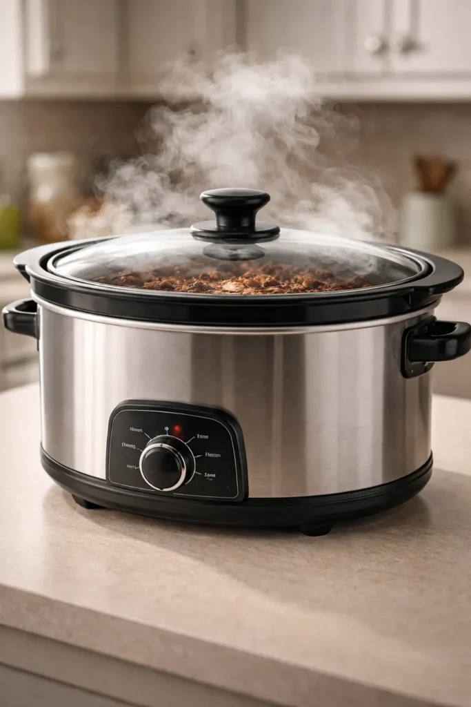 Close-up of a slow cooker with steam to illustrate common mistakes in slow cooking