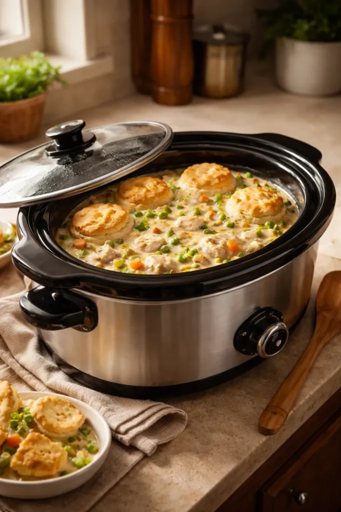 Slow cooker on counter with warm glow, hint of creamy filling