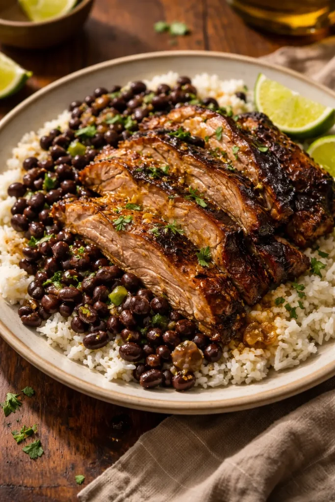 Smoked mojo pork shoulder over white rice and black beans