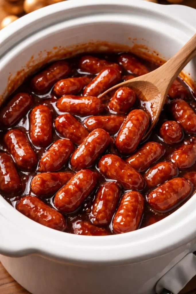 Close-up of little smokies in tangy BBQ glaze in slow cooker insert