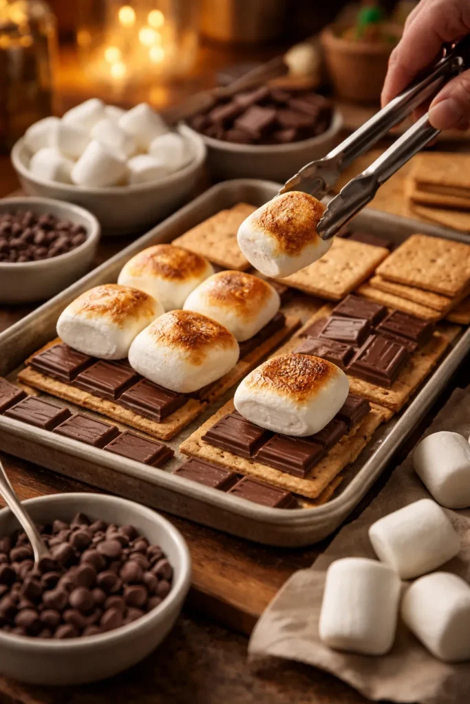 S'mores arranged with toasted marshmallows and chocolate between graham crackers