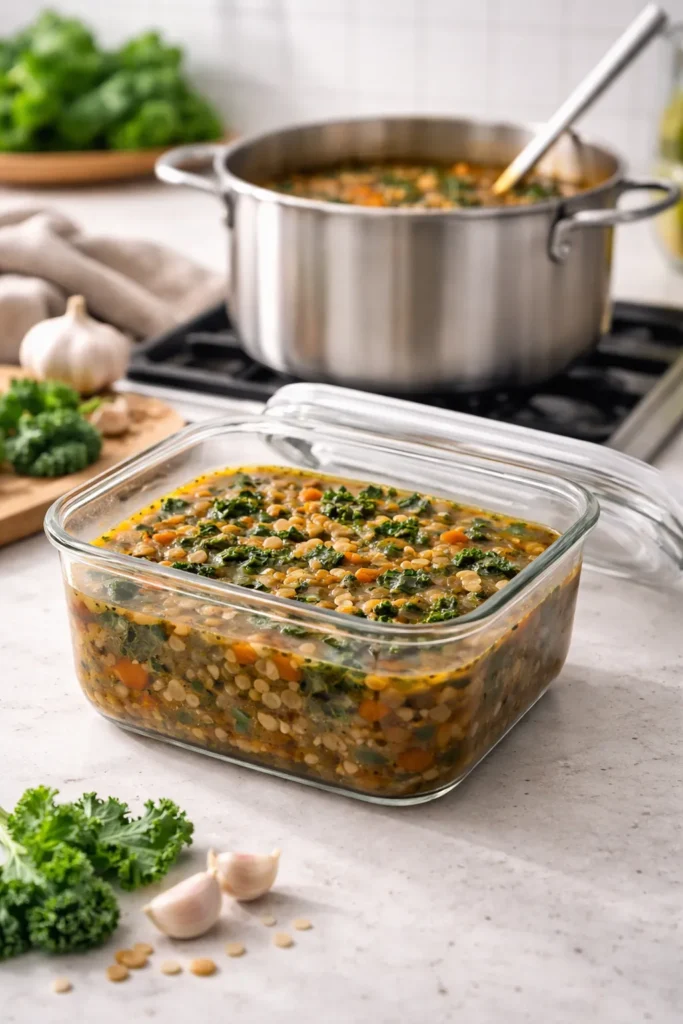 Glass soup container for storage and reheating on kitchen counter