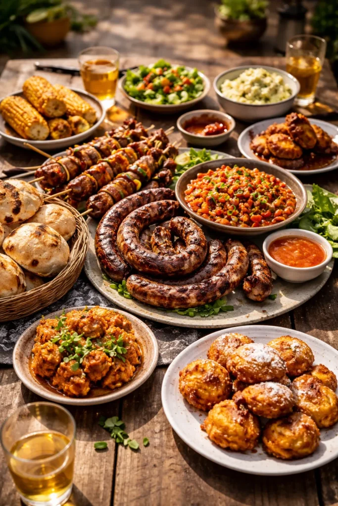 Abundant South African braai spread with roosterkoek, sosaties, boerewors, and chakalaka on a rustic wooden table