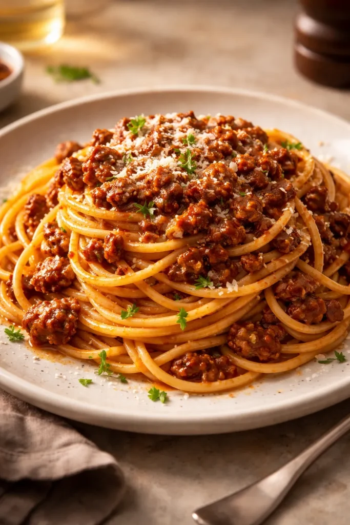 Plate of spaghetti with rich beef bolognese sauce