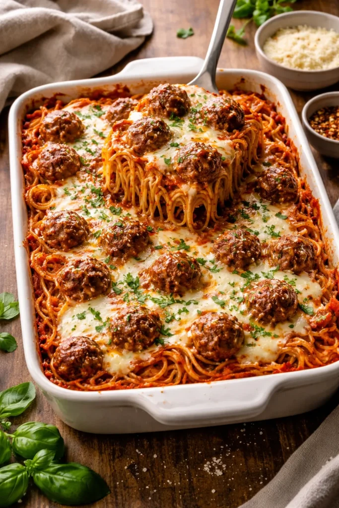 Sliceable spaghetti and meatball casserole in a baking dish with mozzarella