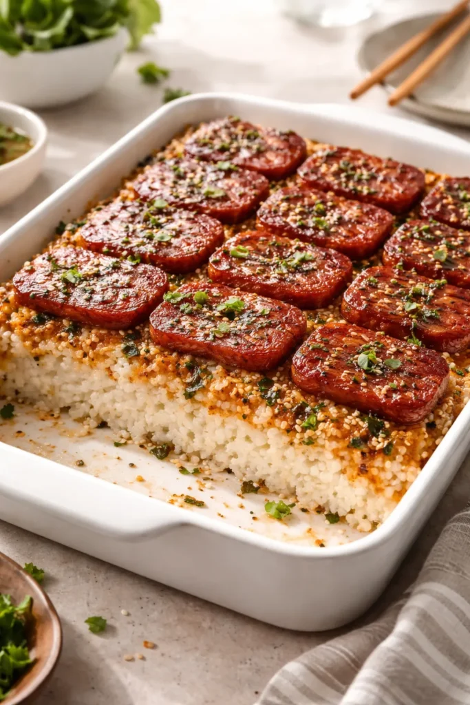 Close-up of Spam Musubi Sushi Bake with caramelized Spam on seasoned rice and furikake.