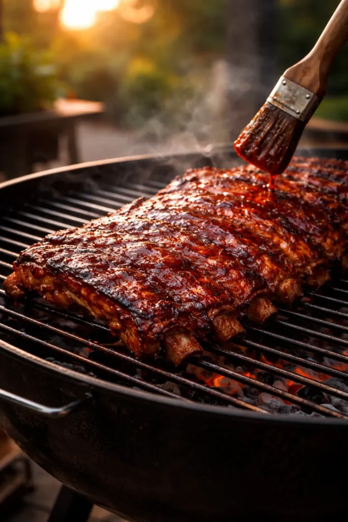 Grilled spare ribs with char marks and glossy glaze