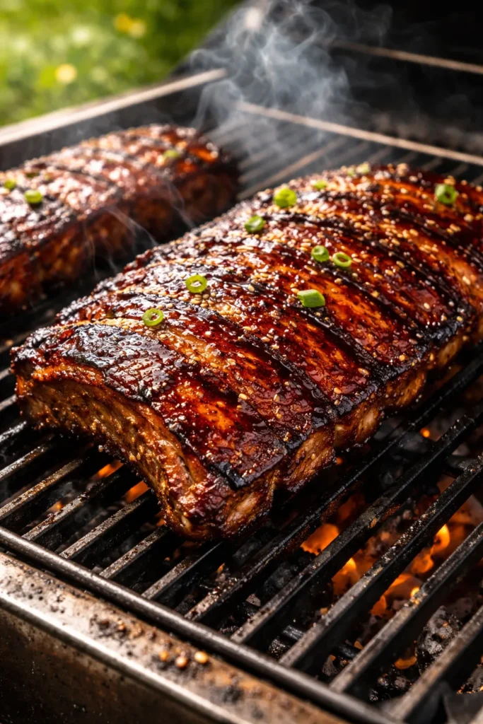 Spare ribs glazed with rum soy marinade on grill