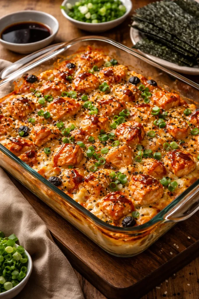 Spicy salmon sushi bake with caramelized mayo glaze