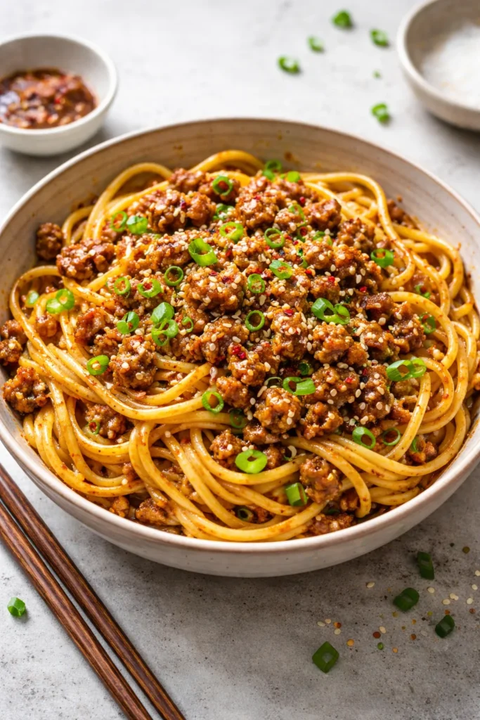 Close-up of glossy sesame pork noodles in a bowl