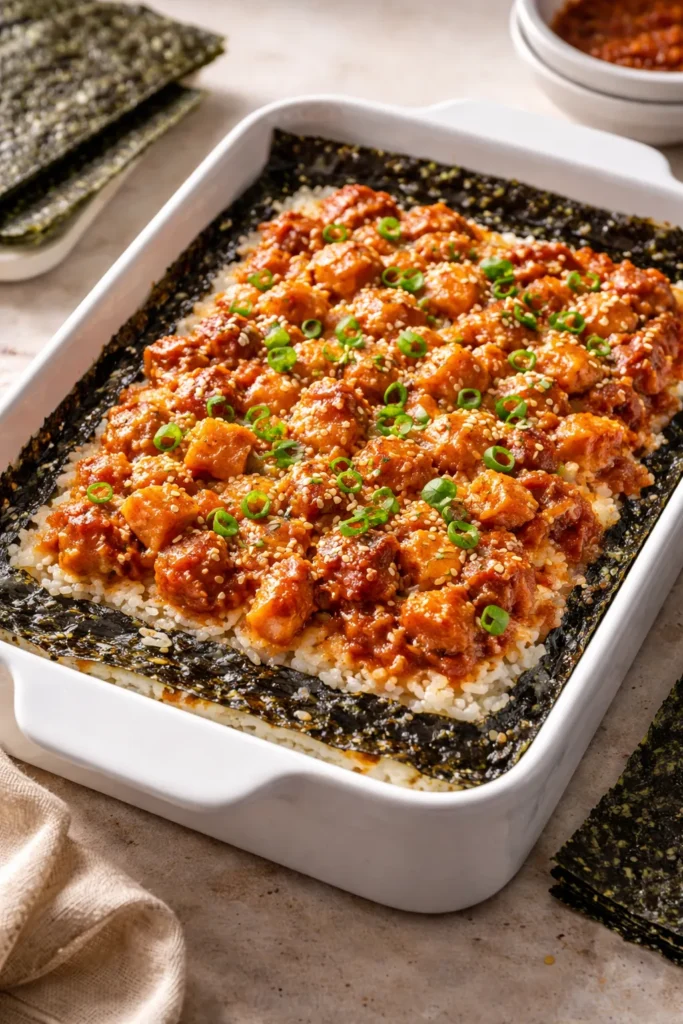 Nori-lined spicy tuna sushi bake with caramelizing topping