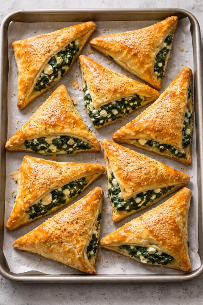 Spinach and feta triangles on parchment-lined sheet