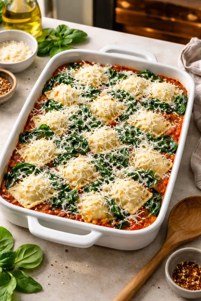 Layered spinach ravioli bake in a baking dish with marinara and mozzarella