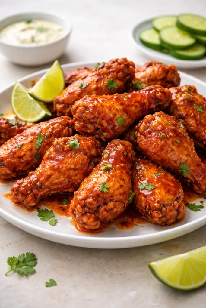 Sriracha-coated spicy wings on plate