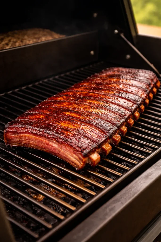 Rectangular rack of St. Louis style ribs on a pellet grill