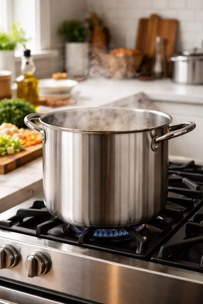 Large stockpot steaming on a stove in a bright kitchen