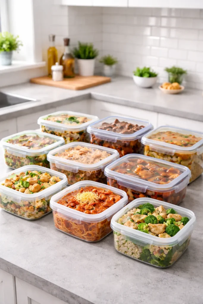 Row of freezer-safe containers on a clean kitchen counter