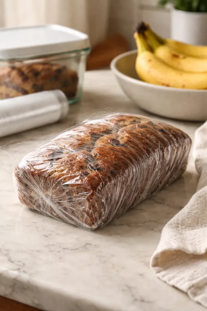 Wrapped banana bread loaf on counter illustrating storage and freezing guidance