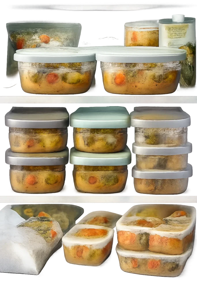 Transparent containers with soup stored in fridge or freezer