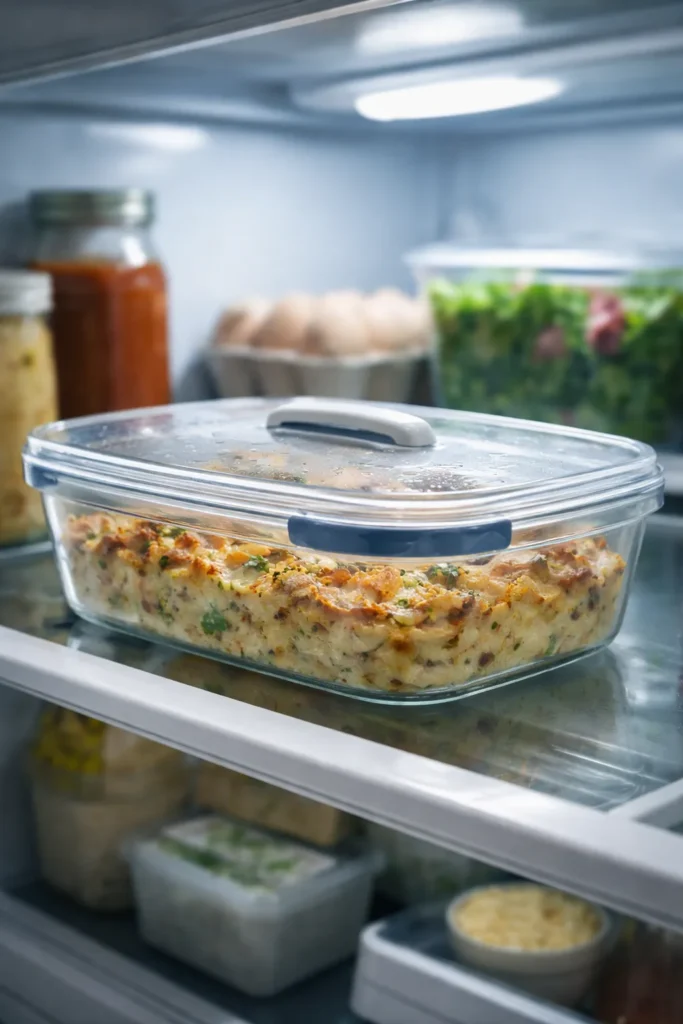 Casserole dish with lid in the refrigerator ready for make-ahead meals