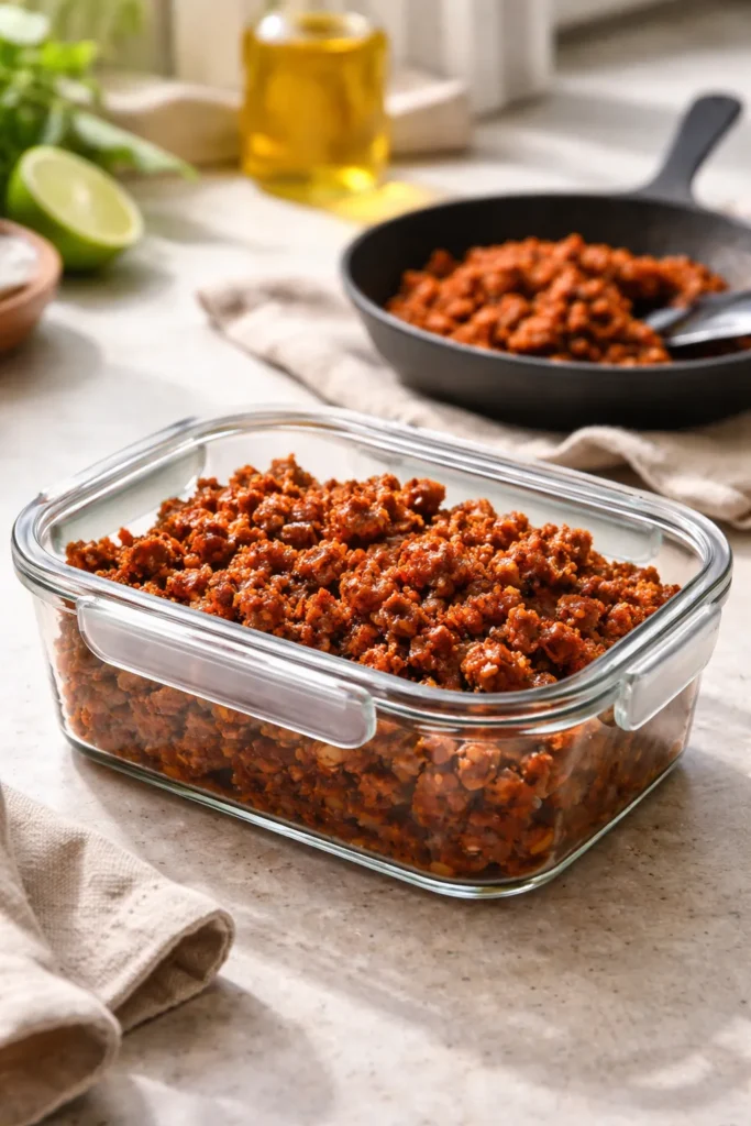 Airtight container of cooked chorizo filling on counter