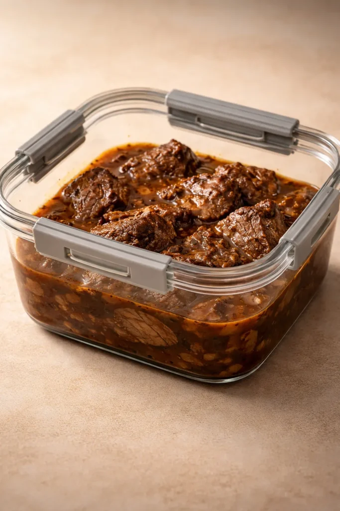 Glass storage container with braised beef and liquid for refrigeration