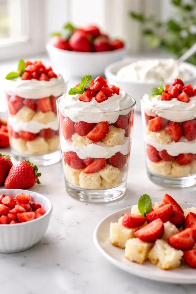 Layered strawberry shortcake cups with cake, berries, and cream