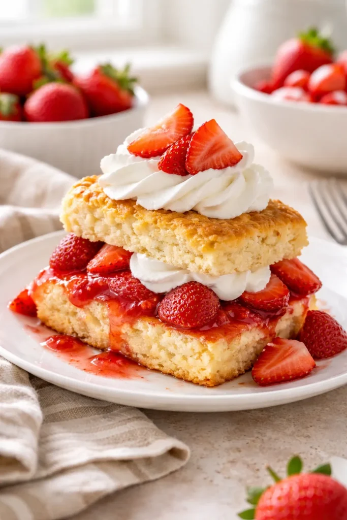 Bisquick strawberry shortcake with strawberries on plate