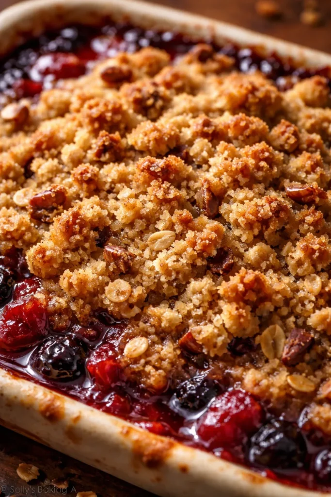 Close-up of streusel crumb topping on cobbler