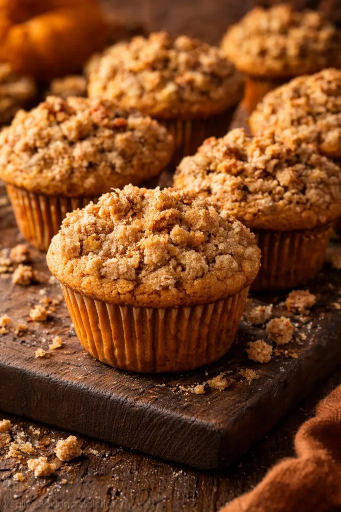 Pumpkin muffins with a thick golden cinnamon streusel crumb topping