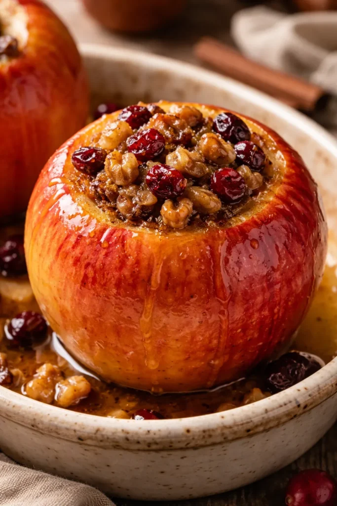 Single baked Honeycrisp apple stuffed with brown sugar walnut cranberry filling