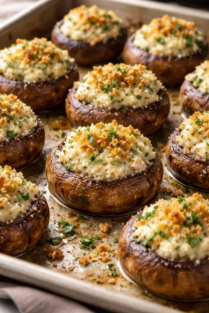 Close-up of stuffed mushroom caps with creamy filling