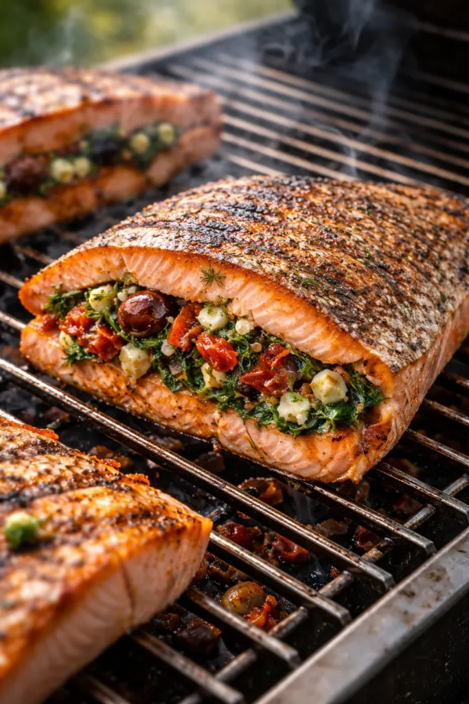 Salmon fillet stuffed with spinach, olives, feta on the grill