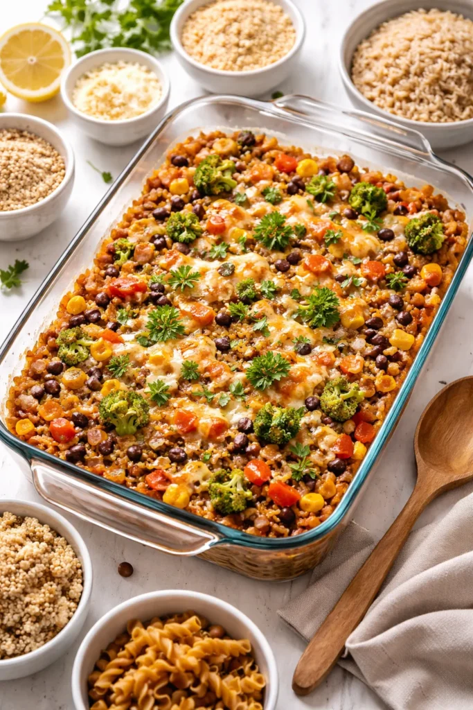 Casserole dish showing mixed grains, beans, and vegetables in baked sauce