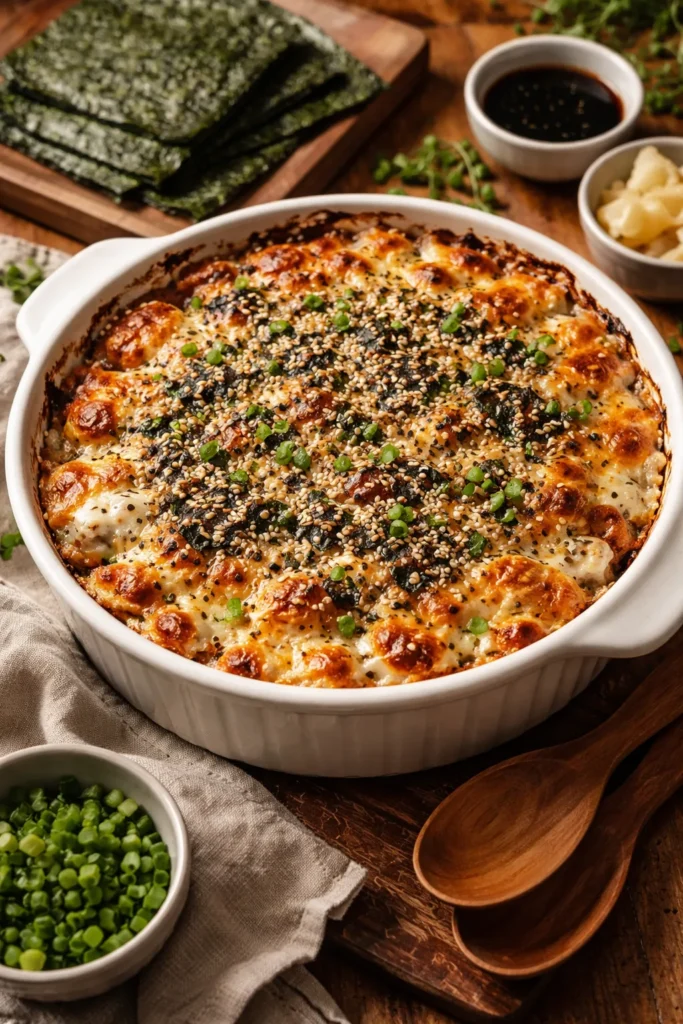 Bubbling golden sushi bake with caramelized mayo topping in a round dish