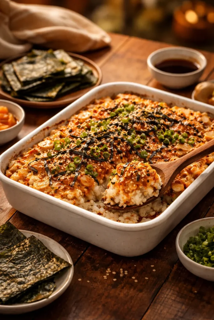 Finished sushi bake served in warm light on a wooden table.