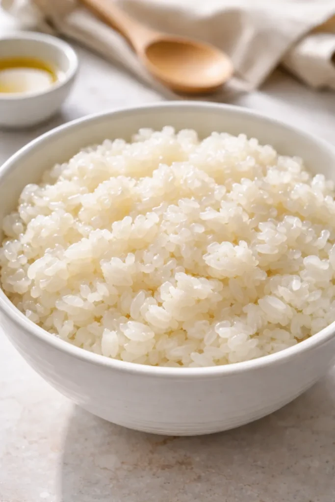 Glossy sushi rice in white bowl ready for seasoning