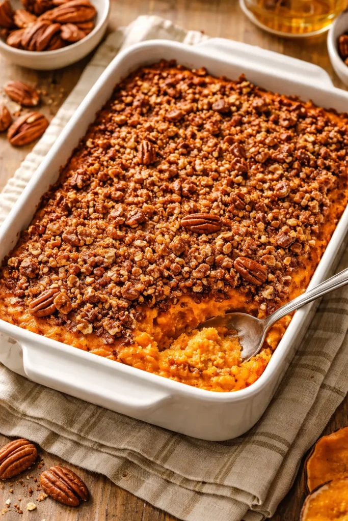 Sweet potato casserole with pecan crust in baking dish.
