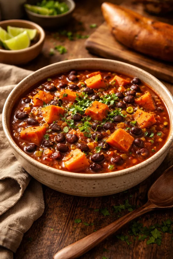 Bowl of sweet potato black bean chili with chunky potatoes and beans