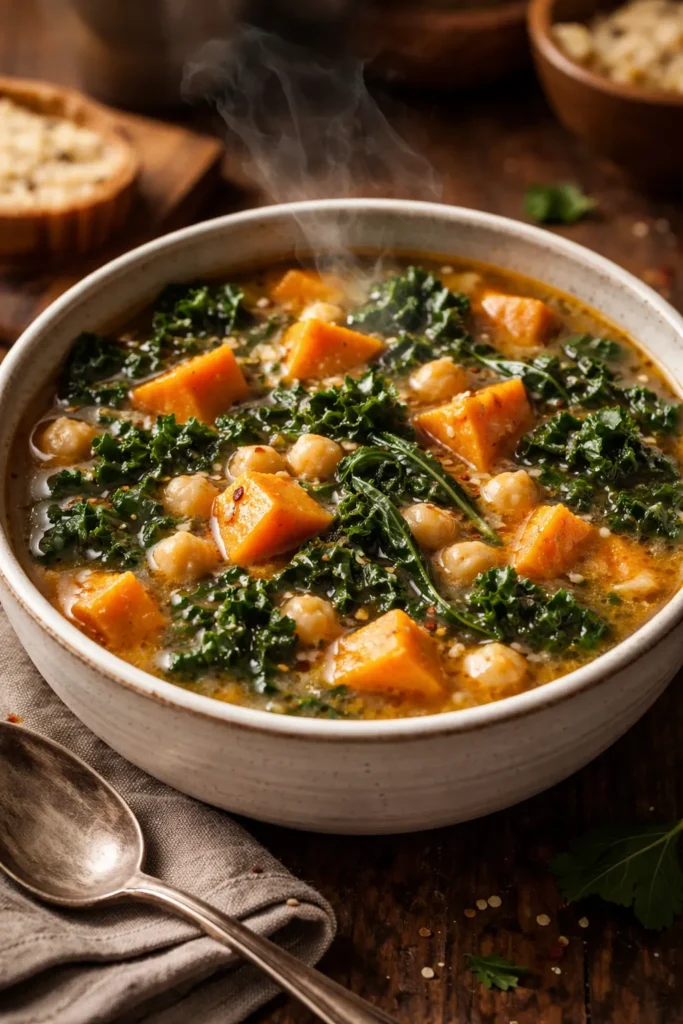 Close-up of Sweet Potato Kale Chickpea Soup with visible chunks in a bowl