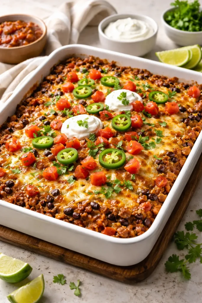 Layered baked beef taco casserole in a pan with melted cheese.